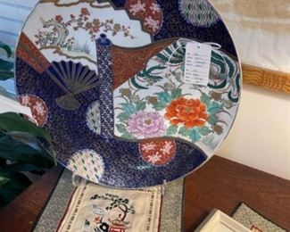 Large ceramic charger, Chinese silks