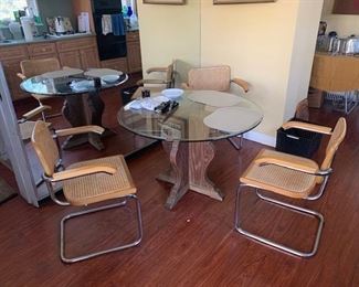 Glass top Table Beveled Edge / Wood Base / 3 arm chairs