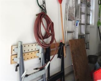 Sawhorses and a portable workbench.