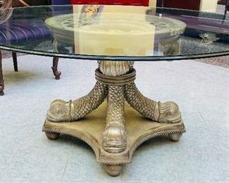 1_____$595 
Wood silvered dolphin round  glass top table 29"T x 64Round - glass 1"