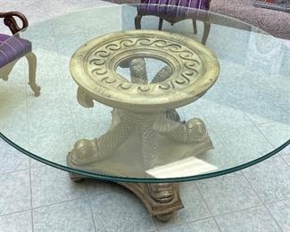 1_____$595 
Wood silvered dolphin round  glass top table 29"T x 64Round - glass 1"