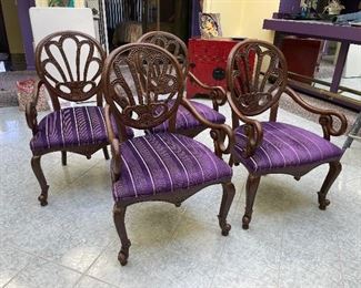 2_____$450 
Set of 4 wood chairs with purple upholstery 42Tx23Wx19 to seat 