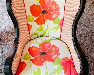8_____$675 
MacKenzie brand, Lee Upholstery wing back chair Poppy flowers 40x28