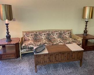30_____$150 
MCM Pair of lamps 46x18 composite with gold shades 

31_____$295 
MCM French style sofa 32Hx89L

32_____$240 
MCM Drexel coffee table 53x22x18 with marble tops 
