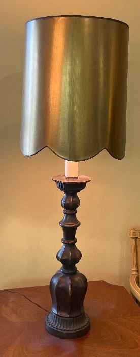 30_____$150 
MCM Pair of lamps 46x18 composite with gold shades 