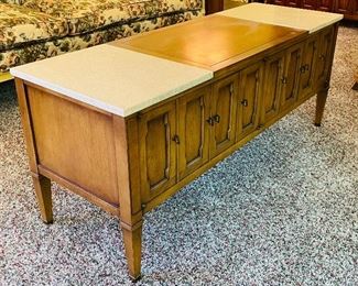 32_____$240 
MCM Drexel coffee table 53x22x18 with marble tops 