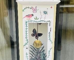 35_____$150 
Artist painted tall case clock 71x16x10 Herschede MS 