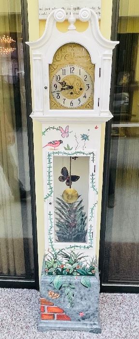 35_____$150 
Artist painted tall case clock 71x16x10 Herschede MS 