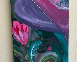 36_____$60 
oil painting on wrapped canvas Yotsu table with fish bowl 42x12