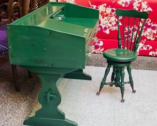 38_____$395 
Green painted desk 37x54x27 and with piano stool swivel 