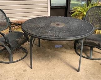 52_____$225 
Set - Metal round table 28x48 with 2 rocking chairs 37x22
  & 1 loungerone rusted 