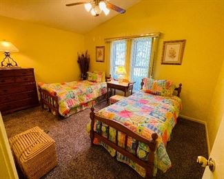 65_____$350 
Pair of twin beds with bedding included & stool & lamp