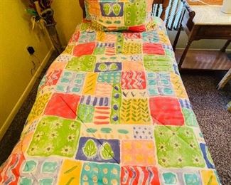 65_____$350 
Pair of twin beds with bedding included & stool & lamp