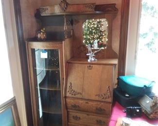 Antique Oak Side by Side Secretary Bookcase.