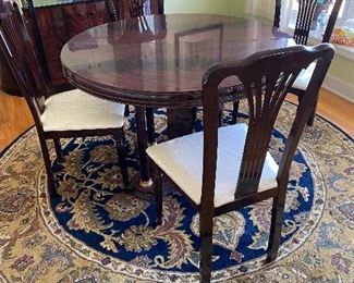 Michelangelo Designs, Mahogany Lacquer Dining Table with Pedestal, 4 Side Chairs. Italy 