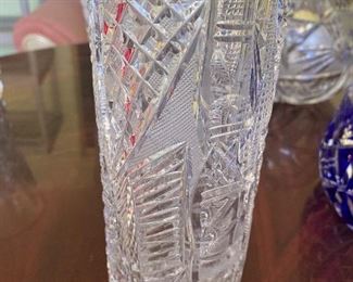 Vintage Czech Cut Crystal Cylindrical Vase