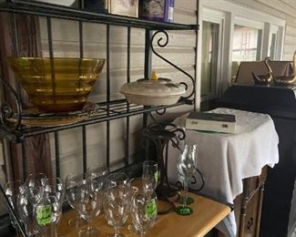 bakers rack, glass bowls, pie plates, rca console radio, victrola, phonograph player,antique tins