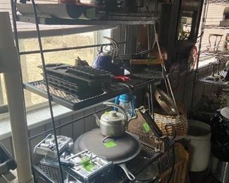 ware, Wagner, lodge cast iron, pasta maker, antique plumbers torch, corn bread molds, fry pan