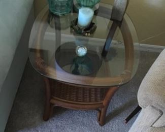 2 Oval Cane & Wicker Side Tables with Glass Tops