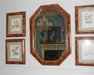 LARGE SET  WALL MIRROR AND 4 FRAMED PRINTS