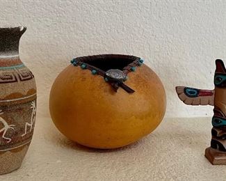 P Morgan Flute Priests Hand Sand Painted Vase (as Is), Thunderbird Alaska Totem Pole, Gourd Pot