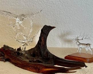 Wilhite  Art Glass Eagle And Fish On Wood Base And An Art Glass Elk On Wood Base