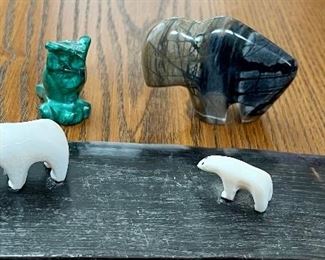 Malachite Owl, Stone Buffalo Fetish, (2) Carved Bone Polar Bears On Horn Base (as Is)