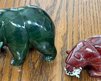 (2) Hand Carved Stone Bears With Fish