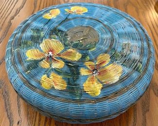 Vintage Hand Painted Sewing Basket With Cross Stitch Hoops, Thread, Needles, And More