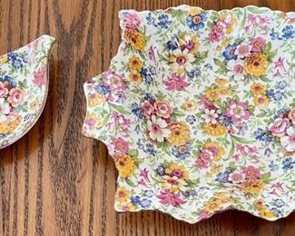 (2) Vintage James Kent Fenton Made In  England Chintz Mille Fleurs Handled Dish And Pin Tray