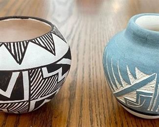 (2) Vintage Hand Carved And Painted Pots - Acoma New Mexico And Coyote Nak USA