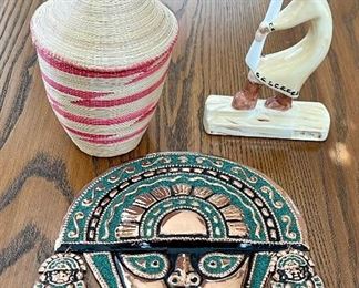 International Lot - Kokopelli BJ 96', Peru Copper And Sand Wall Plaque, And Woven Basket With Lid