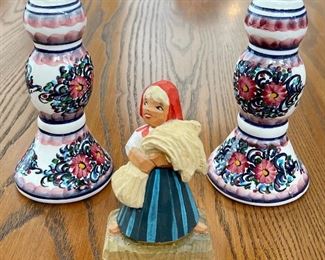 (2) Made In Greece Hand Painted Candle Holder, Henning Carved By Hand In Norway Figurine