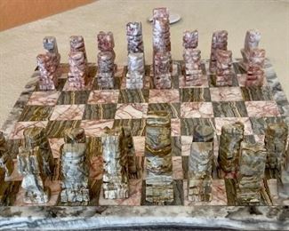 Vintage Two Tone Alabaster Stone Carved Chess Set