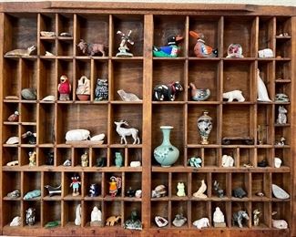 Antique Type Set Drawer Shadow Box With Assorted Stone, Bone, And Pottery Miniatures