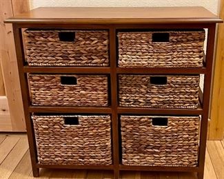 Vintage Wood And Rattan 6 Basket Storage Shelf