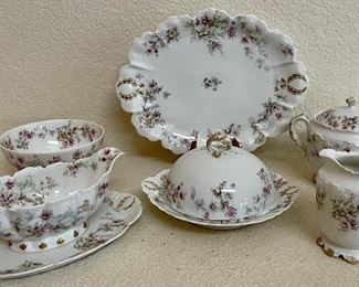 Haviland Limoges Pink Floral Scalloped Gold Edge Antique Serving Dishware - Cheese, Cream Sugar, Gravy, Bowl