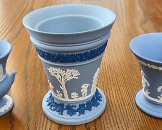 3 Vintage Blue Wedgwood Jasperware Neoclassical Design Vases And Urn 