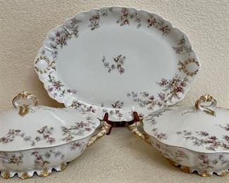 Haviland Limoges Pink Floral Scalloped Gold Edge Antique Dishes - Serving Tray, (2) Covered Casserole