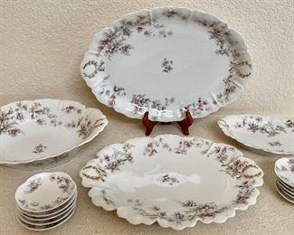 Haviland Limoges Pink Floral Scalloped Gold Edge Antique Dishes - Serving Platters, Bowl, (10) Butter Pats