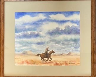 Original Jack Wiens Western Watercolor In Oak Framed Signed