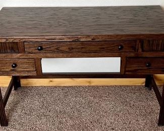 Dark Stained Wood And Veneer 3-drawer Desk With Folding Keyboard Drawer