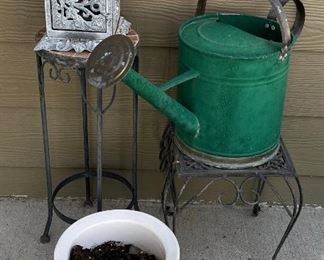 Outdoor Lot Including - Metal Plant Stands, Candle Cage, Watering Can, And Ceramic Planter