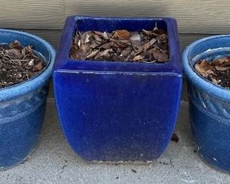 Cobalt Blue Glazed 12.5 X 14.5 Inch Pottery Plant With Pair Of Blue Plastic Planters