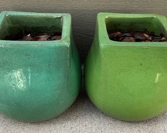 Pair Of Green 11 X 11.5 Inch Glaze Outdoor Pottery Planters