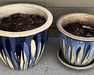 (2) Blue Drip Glaze Pottery Planters