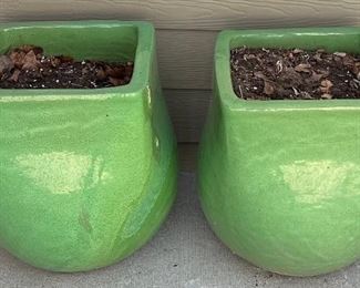 Pair Of Large 17 X 19 Inch Green Glaze Pottery Planters