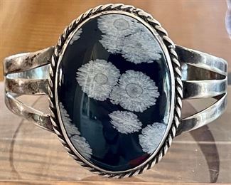 Spectacular Vintage 50's Navajo Sterling Silver Snowflake Obsidian Stamped Cuff Bracelet - 44.1 Grams