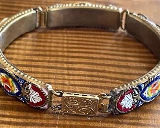 Vintage 925 Sterling Silver Gold Wash Micro Mosaic Italy 8" Panel Bracelet 