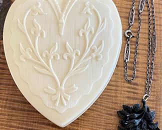 1920's Antique Celluloid Carved Fleur De Lis Heart Box With Black Jet Antique Carved Rose Mourning Necklace 